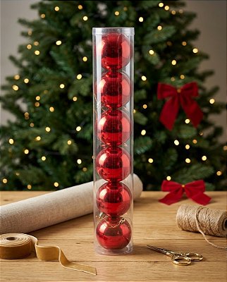 BOLA NATALINA METALIZADA JG/6 TUBO 10CM VERMELHO