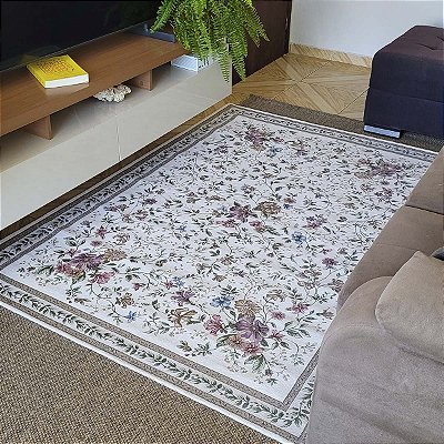 Tapete Sala Antiderrapante Floral Jasmin 03 Bege 1,40X2,00M
