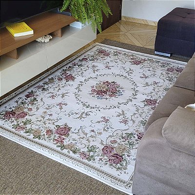 Tapete Sala Antiderrapante Floral Jasmin 02 Bege 1,00X1,50M