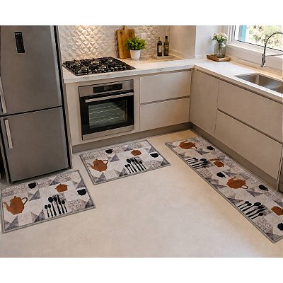 Jogo de Tapete 3 Peças Passadeira Cozinha Antiderrapante