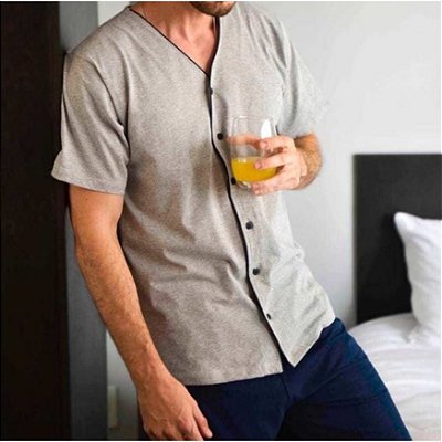 Pijama Americano Masculino Verão com Botões Pijama Pós operatório