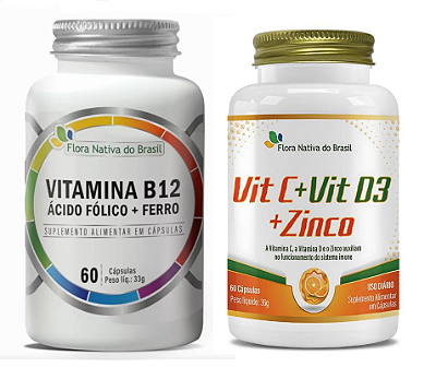 Vitamina B12, Ácido Fólico e Ferro + Vitamina C, D3 e Zinco Kit Flora Nativa