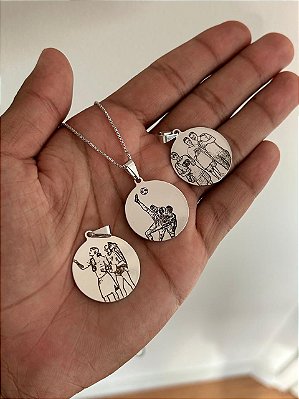 Corrente 50cm + Pingente Medalha Redonda Personalizada (25mm) Banhada a Ouro Branco