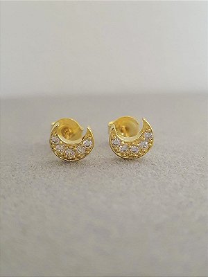 Brinco Lua Cravejado M Banhado a Ouro 18k - PRES004