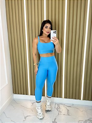 Conjunto Legging Básica+ Top Alça Reta Cor Azul Céu