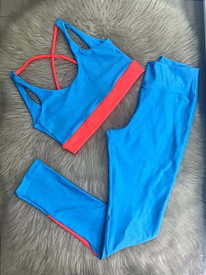 Conjunto Legging Val+ Top Cor Azul Céu+Laranja Neon