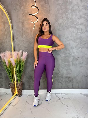 Conjunto Legging Val+ Top Cor Roxo Uva+Amarelo Neon