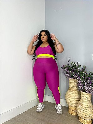 Conjunto Athena Legging+Top Cor Rosa Fuschia+Amarelo Neon