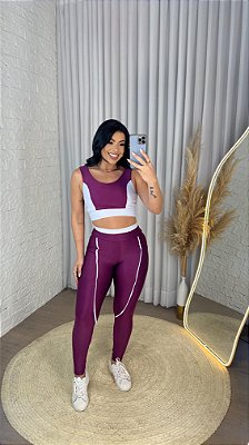 Conjunto Legging Bolso Vivo+Top Cor Uva+Branco