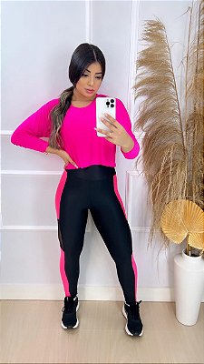 Blusa Tapa Bumbum Manga Longa Croped Cor Rosa Neon