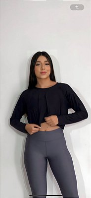 Blusa Tapa Bumbum Manga Longa Croped Cor Preto