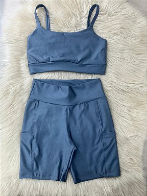 Conjunto Short Bolso+Top Alça Reta Cor Cinza