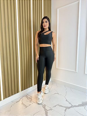 Conjunto Legging Básica + Top Nula Manga Cor Preto