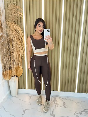 Conjunto Legging Bolso Vivo+Top Cor Marrom+Off