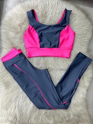 Conjunto Legging Bolso Vivo+Top Cor Cinza+Rosa Neon