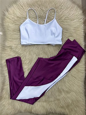 Conjunto Legging Lary+Top Tiras Cor Uva+Branco