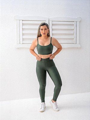 Conjunto Legging Montaria+ Top Alça Reta Cor Verde Militar