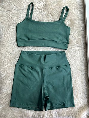 Conjunto Short Crossfit + Top Alça Reta Cor Verde Militar