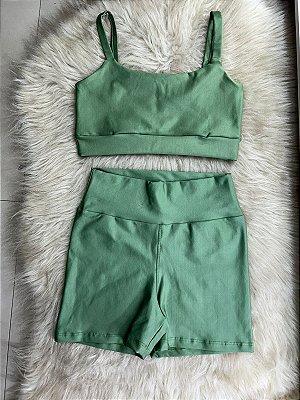 Conjunto Short Crossfit + Top Alça Reta Cor Verde Oliva