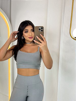 Conjunto Legging Básica+ Top Alça Reta Cor Listrado Fino