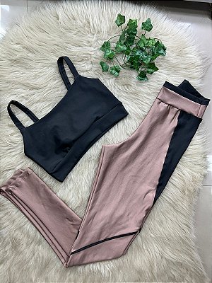 Conjunto Legging Vivo+Top Alça Reta Cor Cappucino+Preto