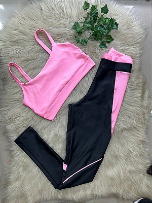 Conjunto Legging Vivo+Top Alça Reta Cor Preto+Rosa BB