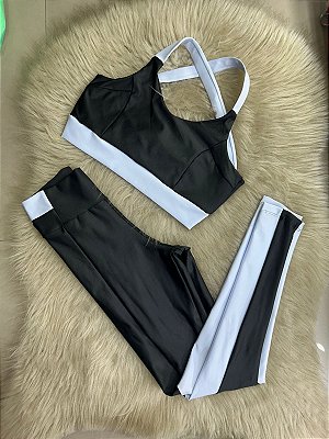 Conjunto Athena Legging+Top Cor Preto+Branco