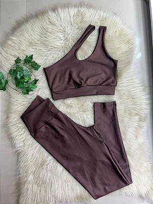 Conjunto Legging Básica + Top Nula Manga Cor Marrom