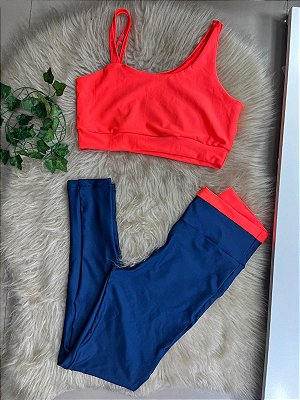 Conjunto Legging Marcela+ Top Cor Azul Marinho+Laranja Neon