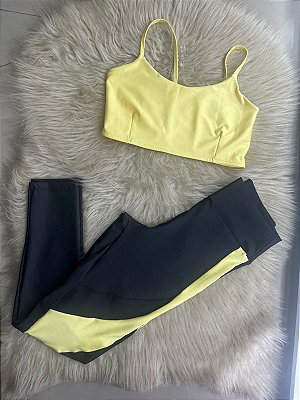 Conjunto Legging Lary+Top Tiras Cor Preto+Amarelo BB