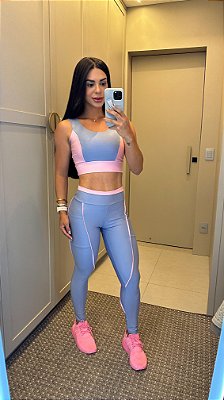 Conjunto Legging Bolso Vivo+Top Cor Azul Celeste+Rosa BB