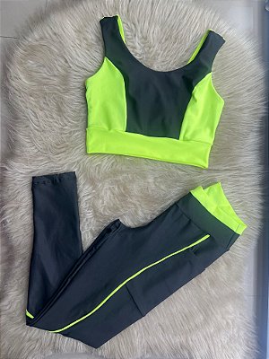 Conjunto Legging Bolso Vivo+Top Cor Preto+Amarelo Neon