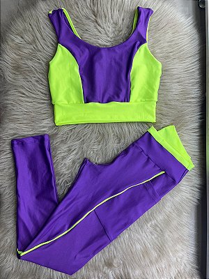 Conjunto Legging Bolso Vivo+Top Cor Roxo Amora+Amarelo Neon