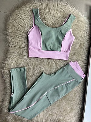 Conjunto Legging Bolso Vivo+Top Cor Verde Alecrim+Rosa BB