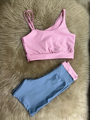 Conjunto Short Marcela+Top Cor Azul Celeste+Rosa BB