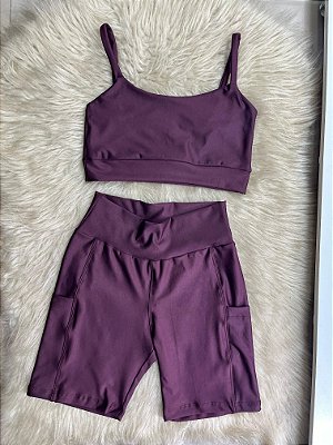 Conjunto Short Bolso+Top Alça Reta Cor Açai