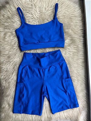 Conjunto Short Bolso+Top Alça Reta Cor Azul Royal