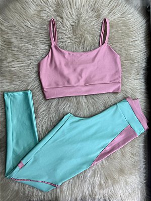 Conjunto Legging Vivo+Top Alça Reta Cor Verde Menta+Rosa BB