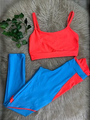 Conjunto Legging Vivo+Top Alça Reta Cor Azul Céu+Laranja Neon