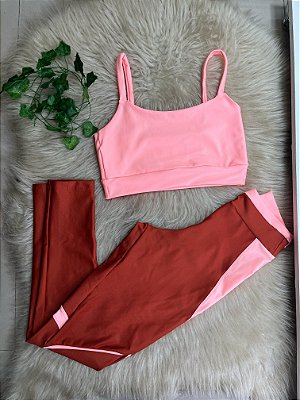 Conjunto Legging Vivo+Top Alça Reta Cor Telha+Salmão