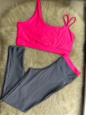 Conjunto Legging Marcela+ Top Cor Cinza+ Rosa Neon