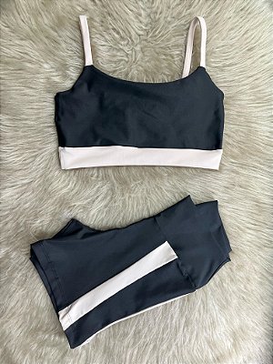 Conjunto Short Aline+Top Alça Reta Cor Preto+Canela(Nude)