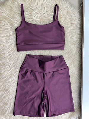 Conjunto Short Meia Coxa+ Top Alça Reta Cor Açai