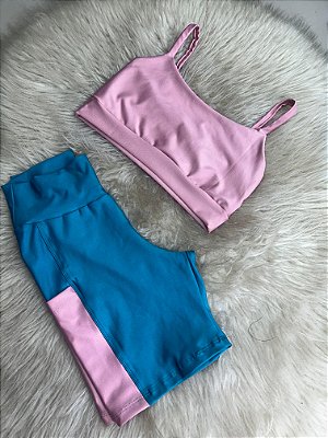 Conjunto Short Bolso+Top Alça Reta Cor Verde Petroleo+Rosa BB