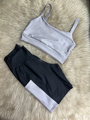 Conjunto Short Bolso+Top Alça Reta Cor Preto+Prata