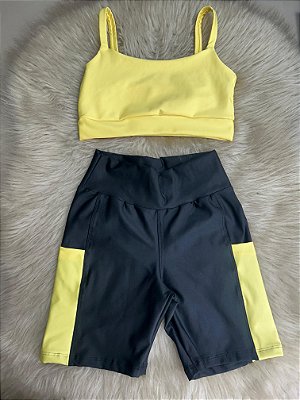 Conjunto Short Bolso+Top Alça Reta Cor Preto+Amarelo BB