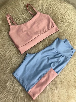 Conjunto Short Bolso+Top Alça Reta Cor Azul Celeste+Rosa BB