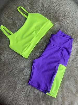 Conjunto Short Bolso+Top Alça Reta Cor Roxo Amora+Amarelo Neon