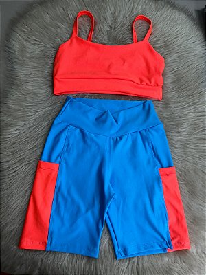 Conjunto Short Bolso+Top Alça Reta Cor Azul Céu+Laranja Neon