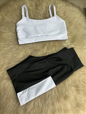 Conjunto Short Bolso+Top Alça Reta Cor Preto+Branco